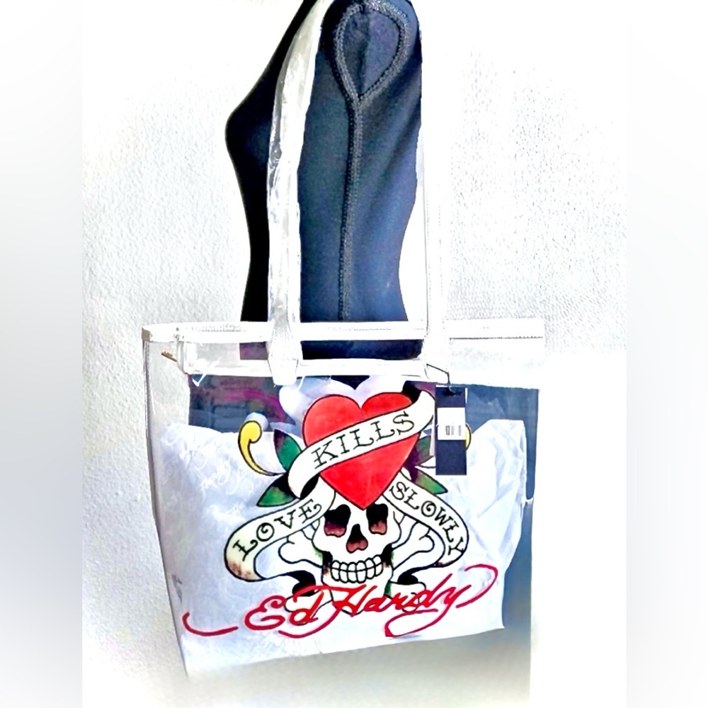 NWT Ed Hardy BIG clear stadium bag PVC Zip tote Leather Trim ~ Love Kills Slowly - Picture 15 of 16